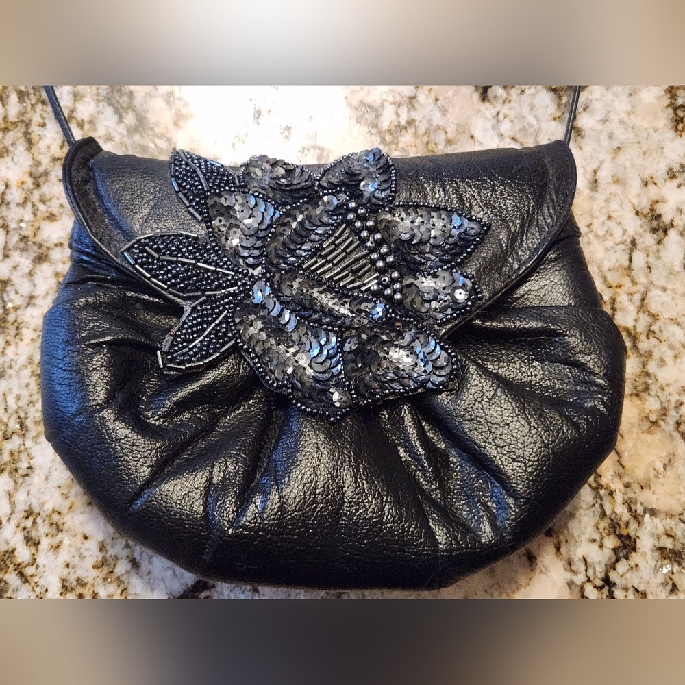 Vintage Purse Sequined, Beaded Black Leather, Bags By SuZettes EUC 80s, Formal